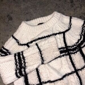Massimo Dutti Sweater Women XS White Black Plaid Cable Knit Raglan Sleeve Winter